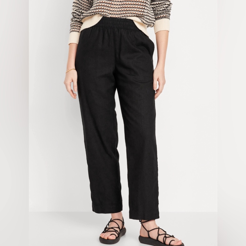 NWOT! Black High-Waisted Linen-Blend Straight Pants